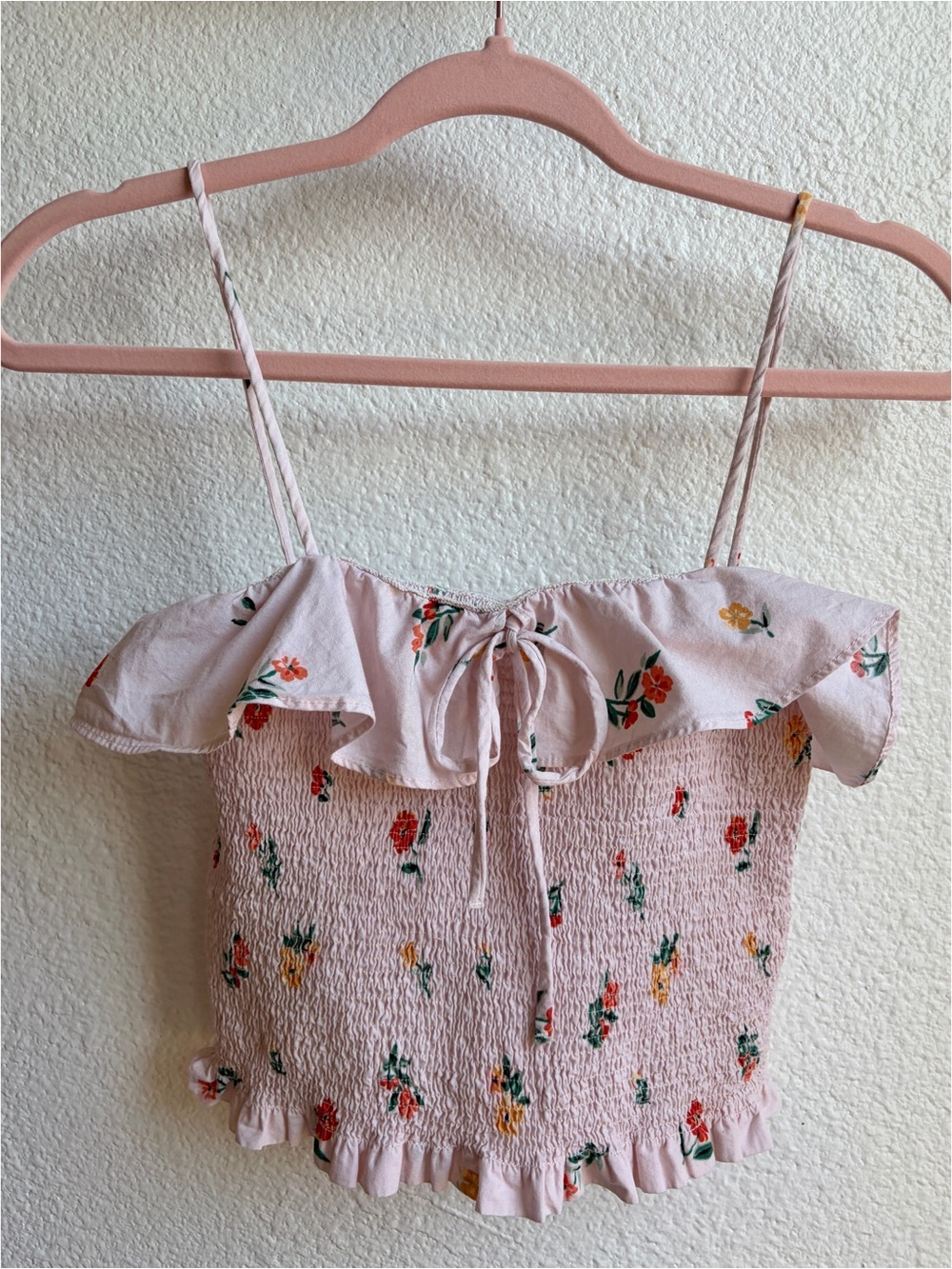 Zara Cotton Floral Smocked Tie Front Ruffle Collar Top Small